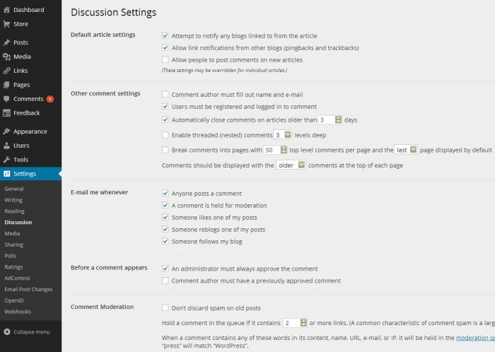 워드프레스 댓글 설정 메뉴